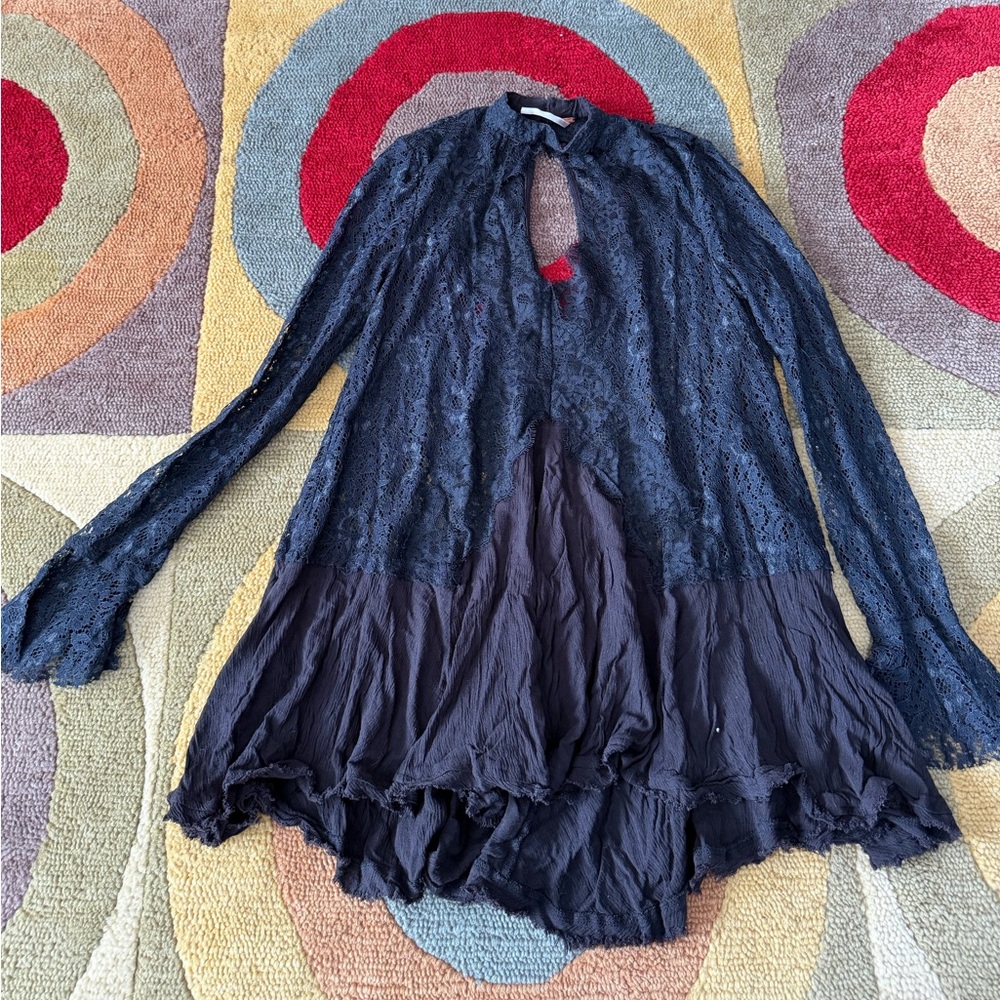 Free People Tell Tale Cutout Lace Long Sleeve Tunic Dress Mini Short Black XS